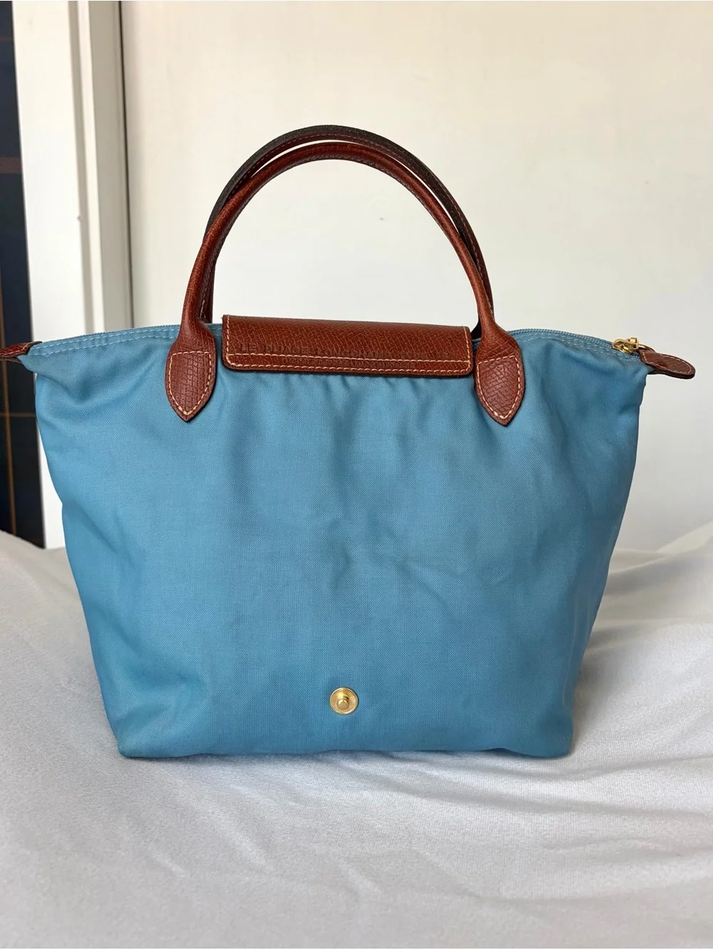 Longchamp Le Pliage Top-Handle Tote in Light Blue w Brown leather, GUC - Picture 3 of 16